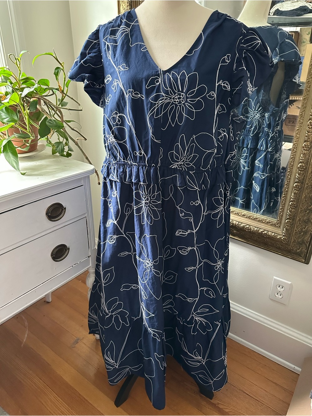 Crown & Ivy 2X maxi dress blue embroidered  flutter sleeve India cotton ruffles